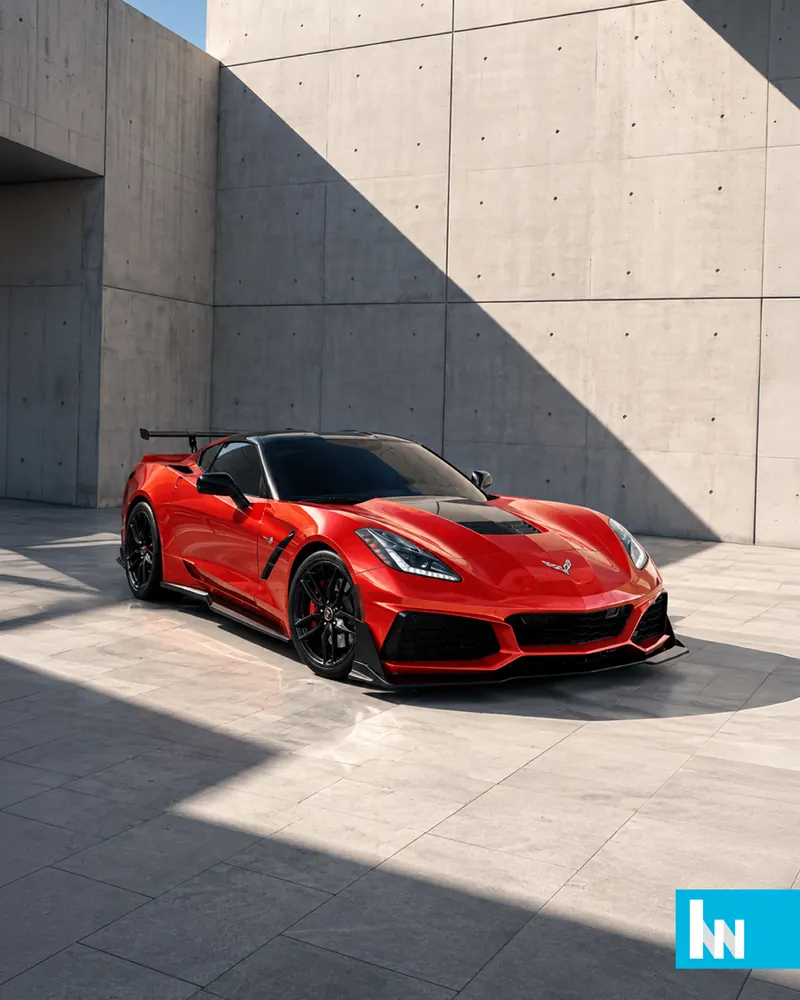 A red Corvette against concrete walls.