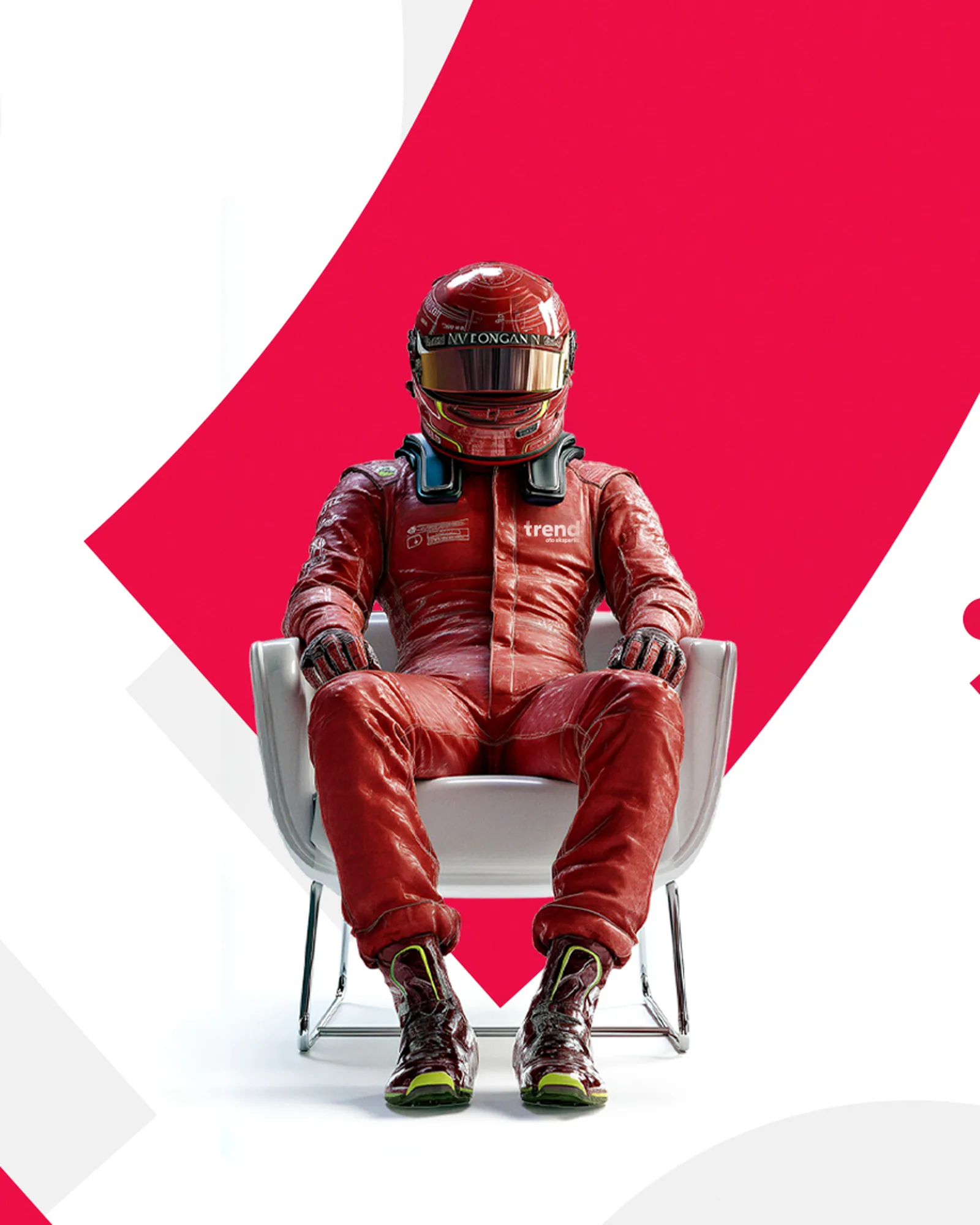 A driver in a racing suit, Trend campaign visual.