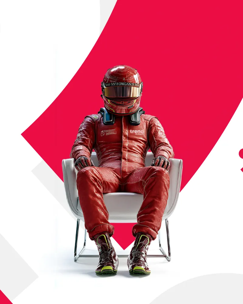 A driver in a racing suit, Trend campaign visual.