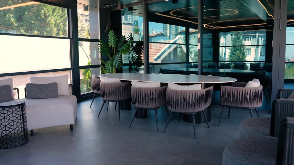A glass-fronted meeting area.